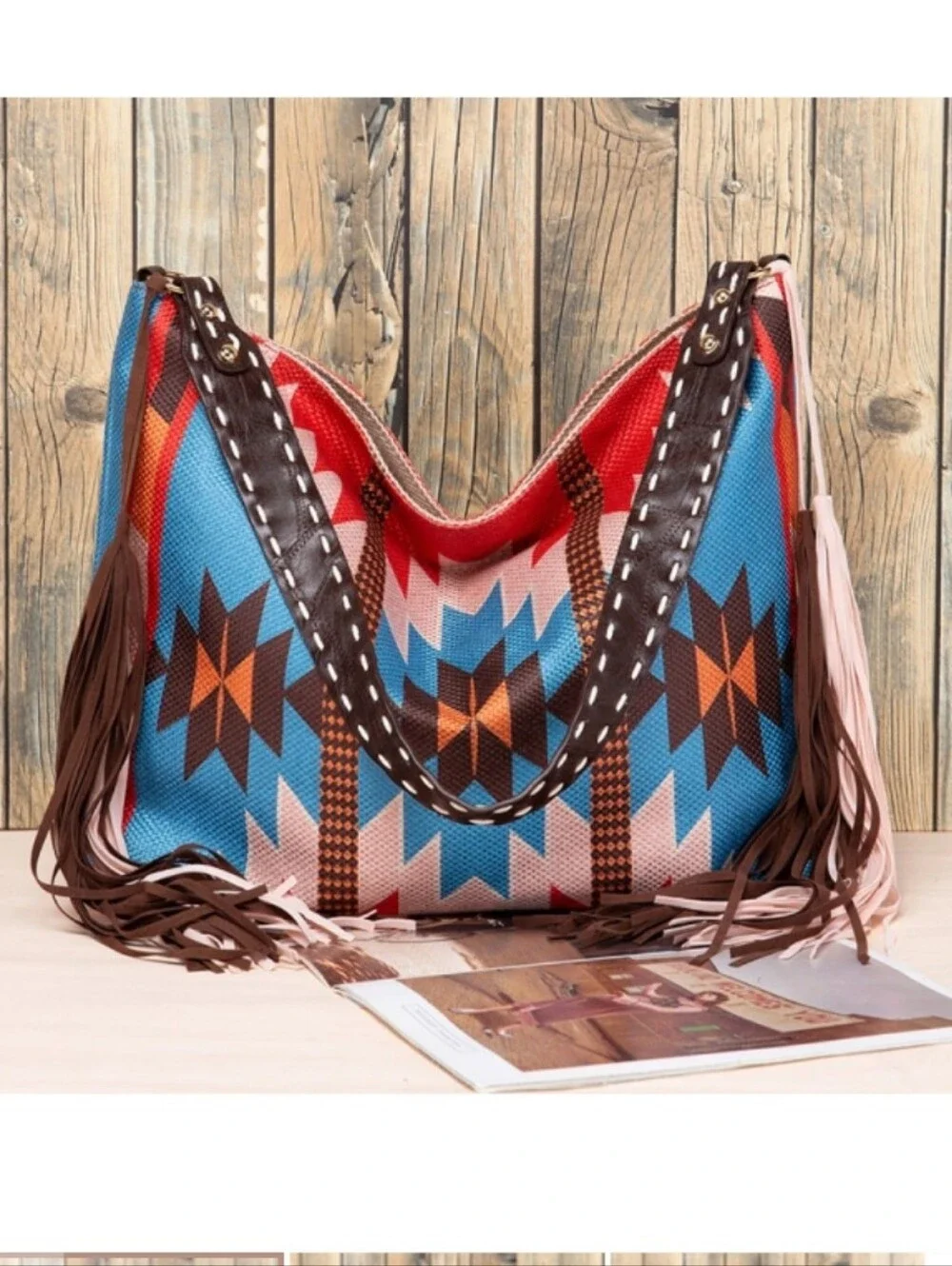 NWT Boho Western Aztec Print Shoulder Hobo Bag with fringe Tassels